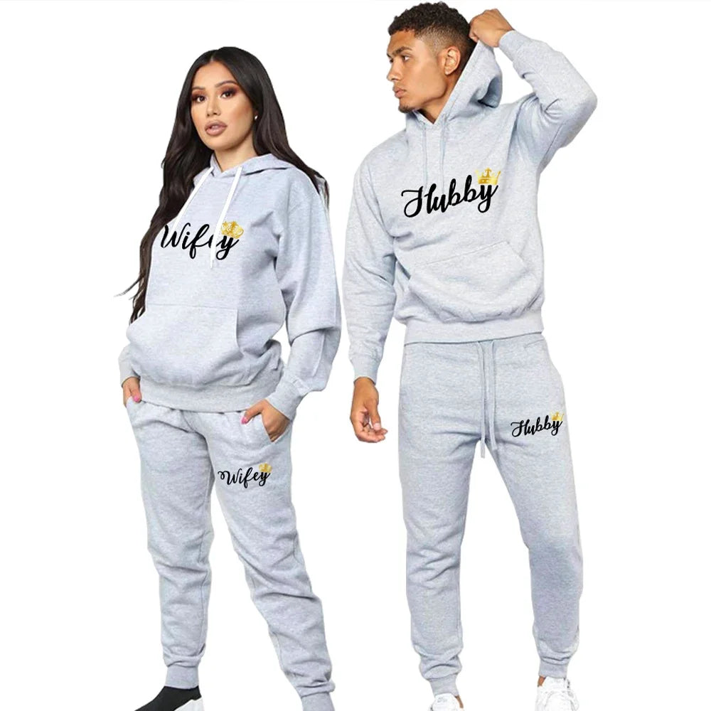 Couple Sportswear Hubby Wifey Print Lovers Outfits Fleece Suit Fashion Men Hoodie Pants 2 Pieces Sets Women's Tracksuit