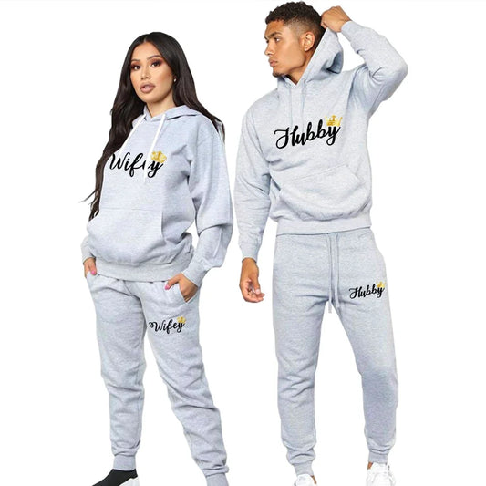 Couple Sportswear Hubby Wifey Print Lovers Outfits Fleece Suit Fashion Men Hoodie Pants 2 Pieces Sets Women's Tracksuit