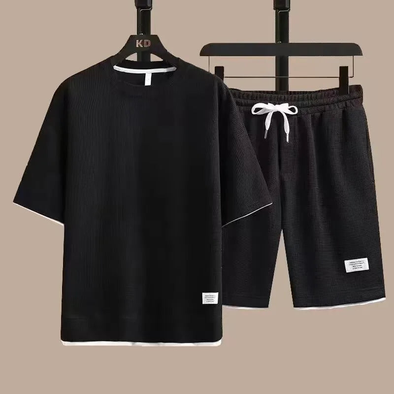 summer new men's sports casual loose Waffle short sleeve suit fashion top T-shirt + shorts handsome couple European code