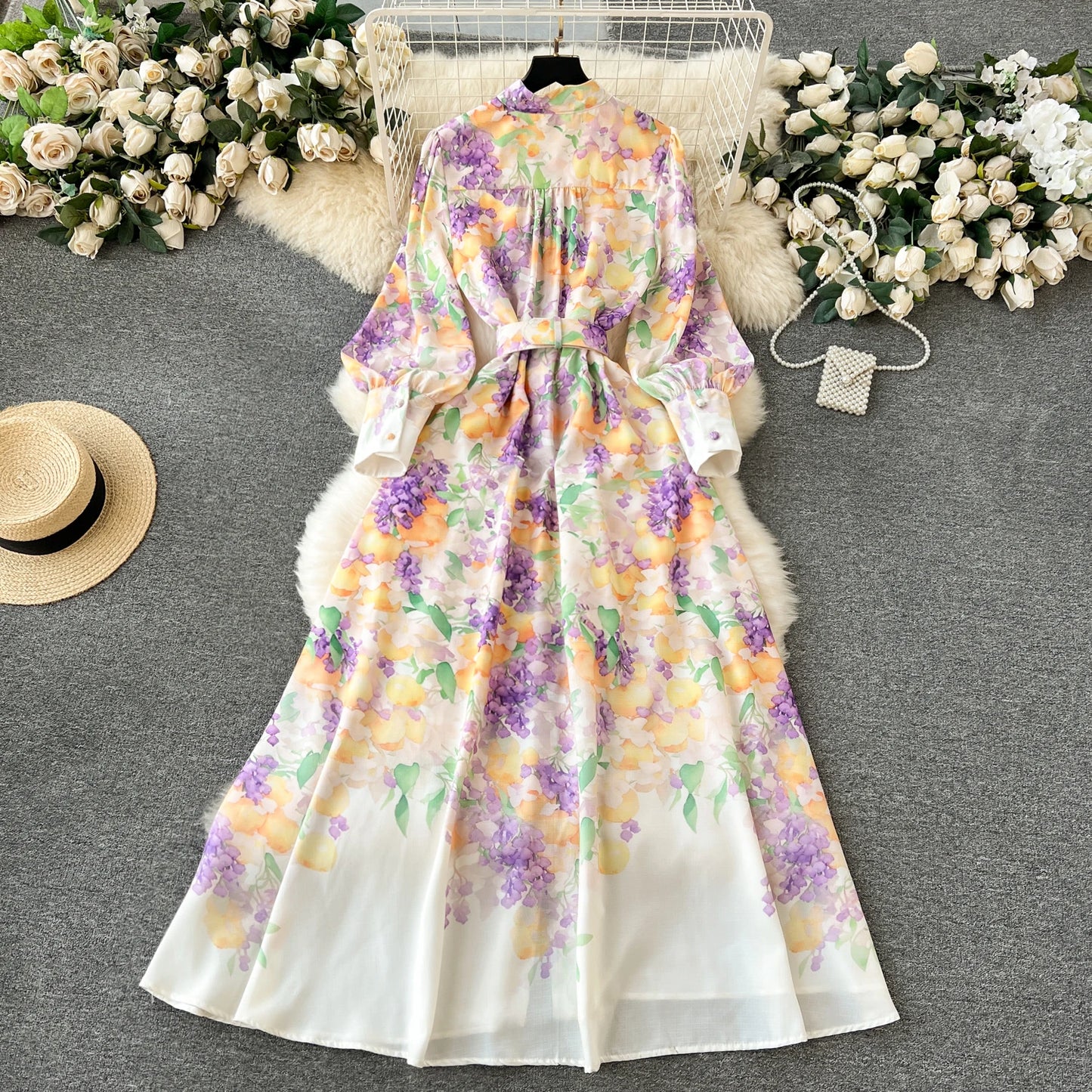 Floral Series Sweet Ruffled Print Belted Long Dress French Holiday Style Elegant Office Party Maxi Dress