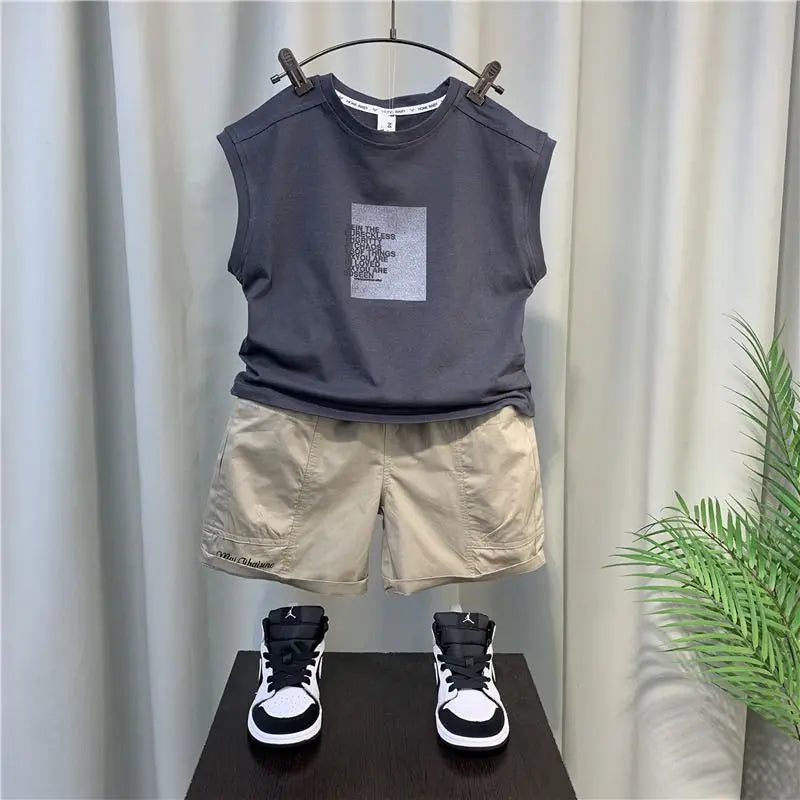 Kids Clothes Girls Boys Summer Sleeveless Suit Gray Vest +Shorts 2pcs Clothes Set Letters Printed Loose Tops Cotton Outfits