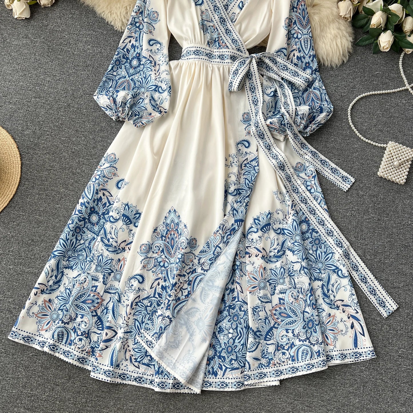 Autumn Vintage Floral Long Dress for Women Ruched Full Sleeve Luxury Cotton Female Vestidos Waist Lace Up Runway Maxi Traf New