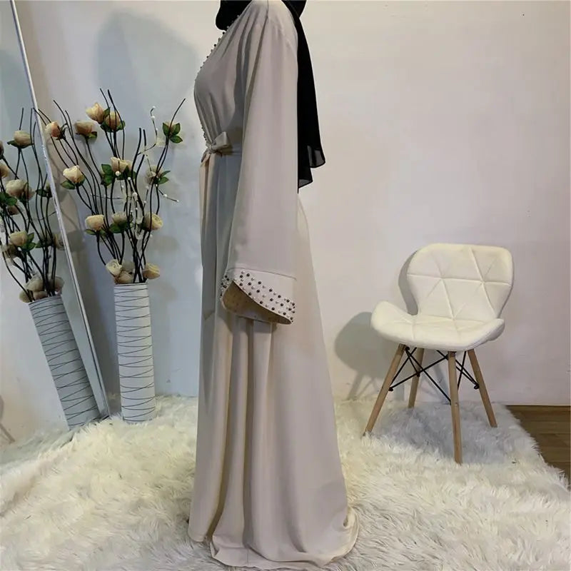 Abaya For Women Elegant Pure Color Muslim Pearl Trim Cardigan Long Sleeves Robe