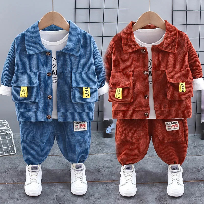 New Baby Boys Set Spring Autumn Clothing Handsome Formal Infant Gentleman Top+Coat+Pants 3 Piece Cotton Leisure Suit