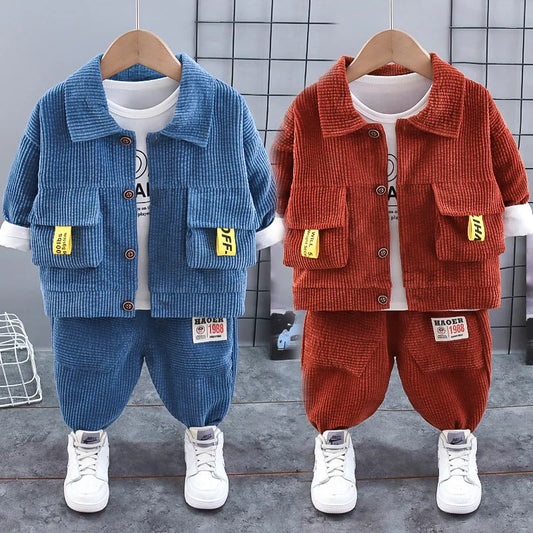 New Baby Boys Set Spring Autumn Clothing Handsome Formal Infant Gentleman Top+Coat+Pants 3 Piece Cotton Leisure Suit