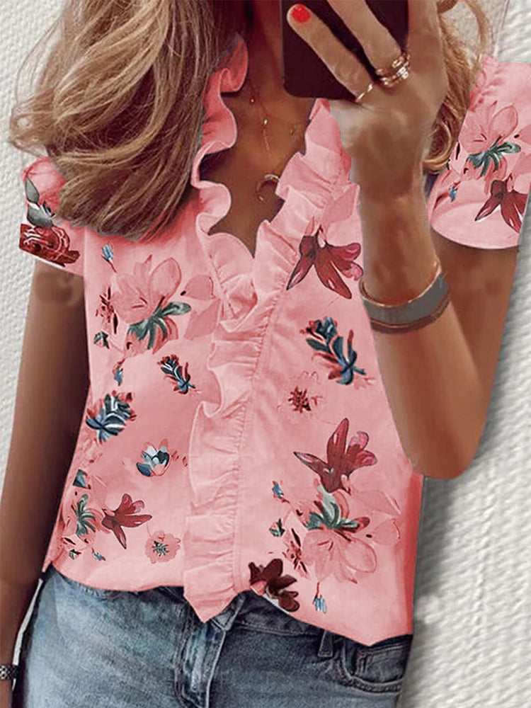Casual Short Sleeve V Neck Ruffles Blouses Elegant Shirts Summer Vintage  Loose Tops Female Boho Tunic