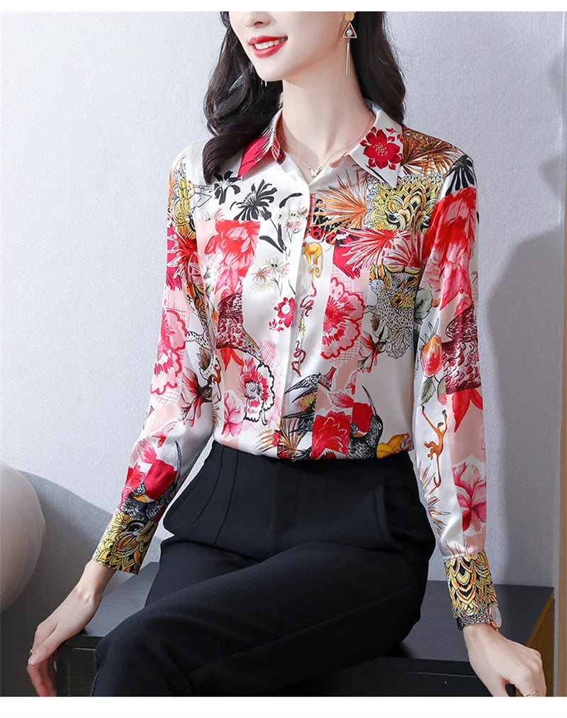 Luxury Blouses Women Vintage Satin Tops Chiffon Long Sleeve Casual Blouse Shirts