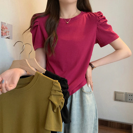 Oversized Women's Pullover Short-Sleeved Knitted Bottoming Sweater Korean Version O Neck Loose Knitwear Top