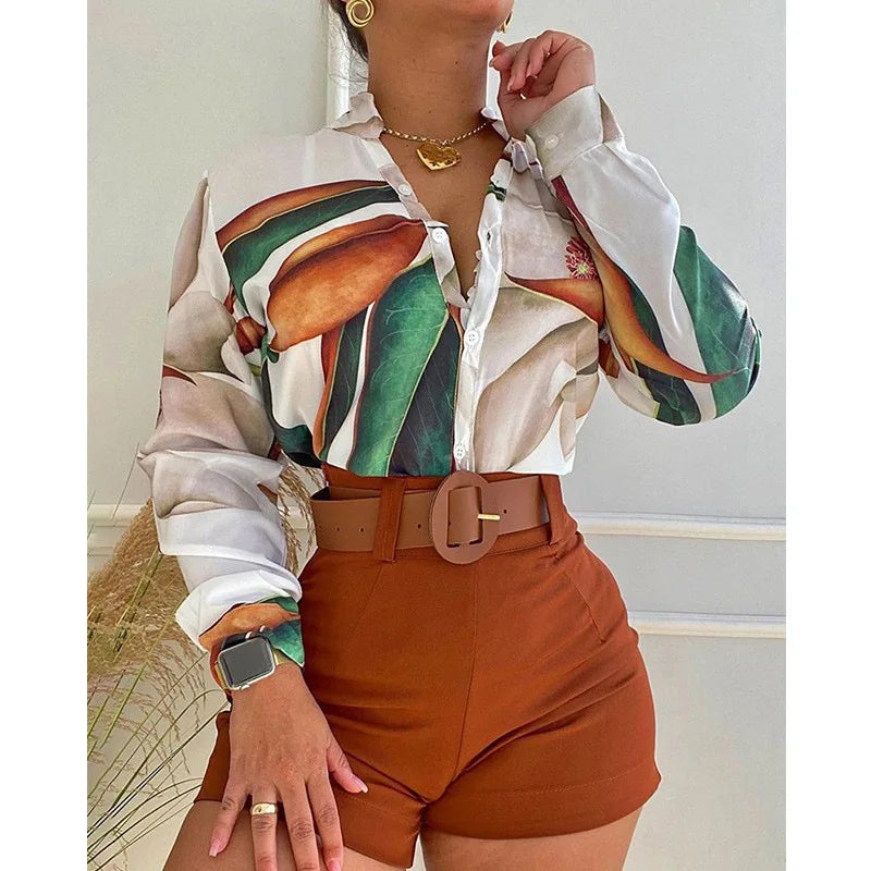 Women Long Sleeve Floral Printed Tie Knot Top Blouse and Shorts Sets Casual Spring Shirts Female