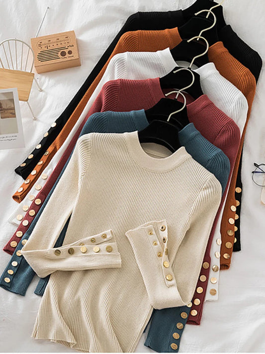 women thick sweater pullovers khaki casual autumn winter button o-neck chic sweater female slim knit top soft jumper tops