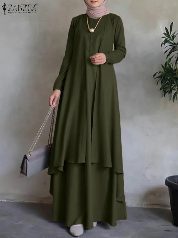 Muslim Dress Women Long Sleeve Abaya Sundress Casual Loose Islamic Clothing Eid Mubarak