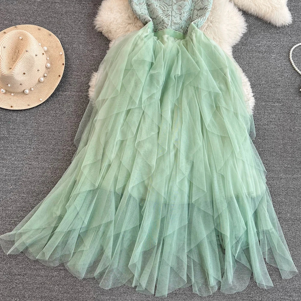 Embroidery Long Dress for Women Tulle Stitching Ruffle Layered  Female Prom Dresses Elegant Party Formal