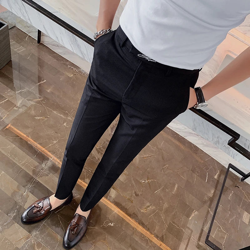 Black White Embroidered Business Formal Pants Men Korean Style Slim Suit Pants High Quality Streetwear Ankle Pants
