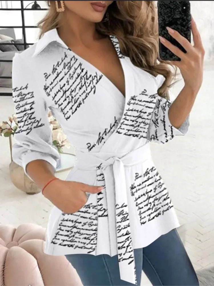 Long Sleeve Print Belt Shirt For Women, Slim Blouses And Tops Shirts Elegant Clothing