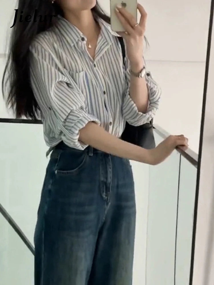 French Spring Slim Woman Shirt Fashion Street Casual Loose Women Shirt Simple Chic Stripe Long-sleeved Top Female