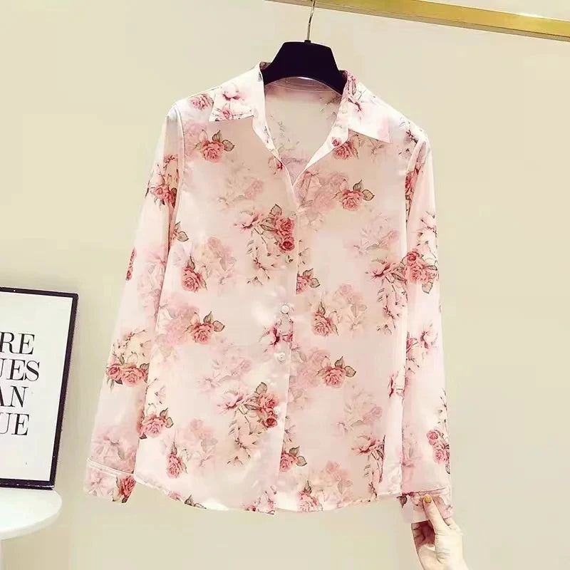 Women Spring Summer Satin blouses Blouses Shirt Lady Casual Long Sleeve Turn-down Collar Print Slim Tops