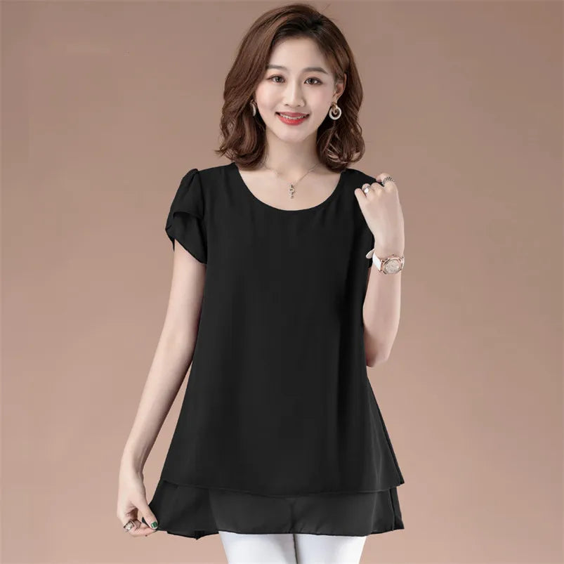 Women Solid Chiffon Blouse Casual Loose Elegant Tops Female Short Sleeve Fashion Shirts