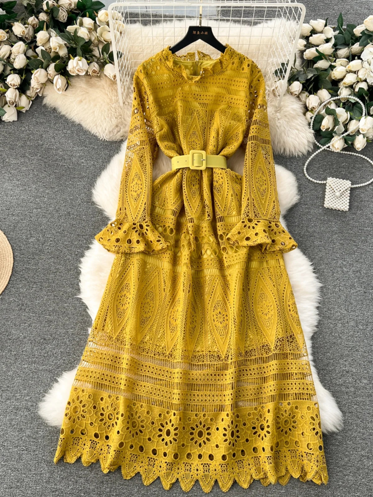 Hollow Out Lace Long Dress for Women Spring O-Neck Full Sleeve Slim Waist Party Gown Female Vintage A-Line Vestidos