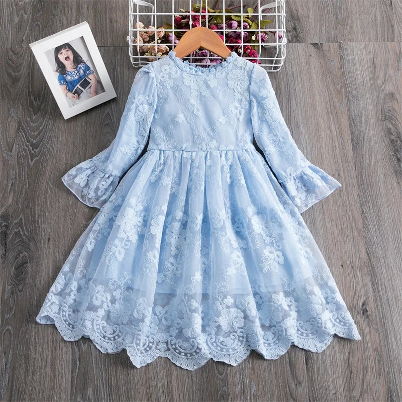 White Lace Embroidery Dress Girls Kids Princess Long Sleeve Clothes Children Elegant Flower Party Tutu Winter Autumn Vestidos