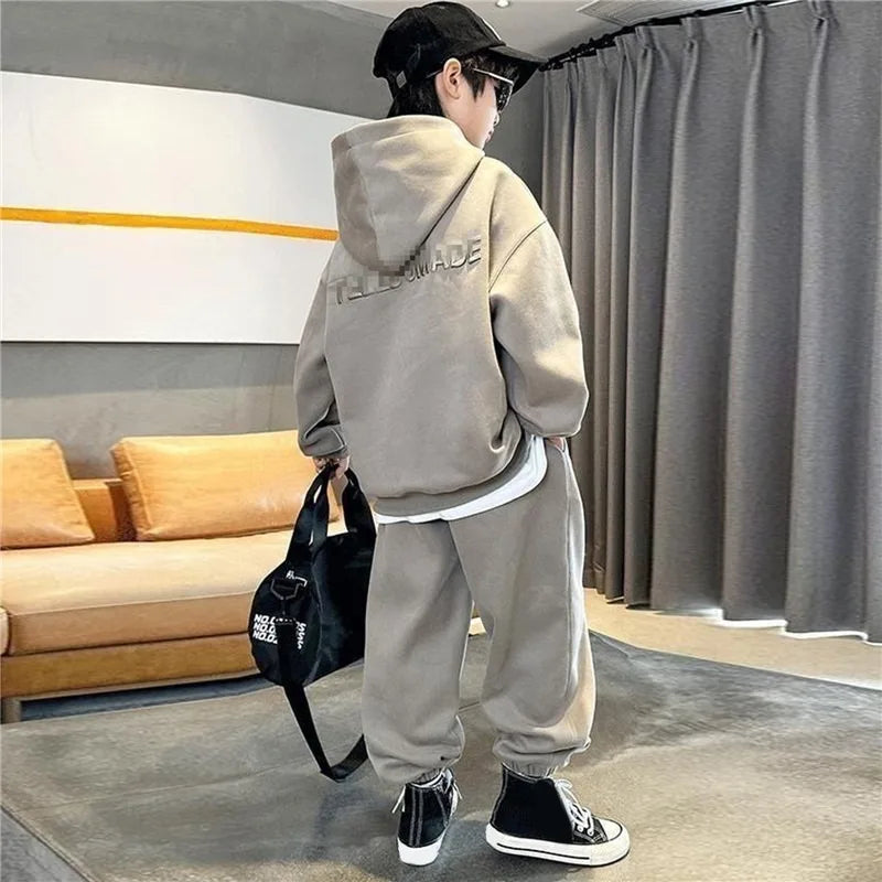 Junior Boys Autumn Hooded Suit Kids Fashion Embroidery Letter Sweatshirt + Casual Sweatpants 2 Pieces Set 3-14Y Spring Clothes