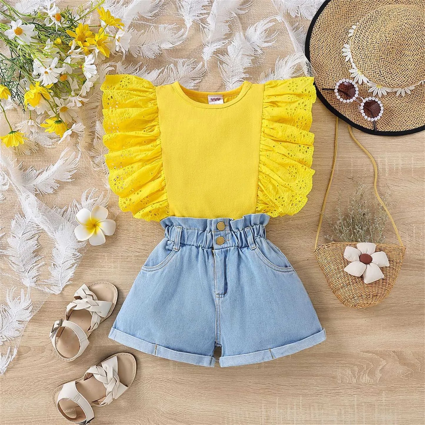 Kids Girls Clothes Set Summer Solid Cotton Ruffle Sleeveless Vest Jeans Shorts Outfits Children Clothing Girl 5 6 7 8 9 10 Years toddlers