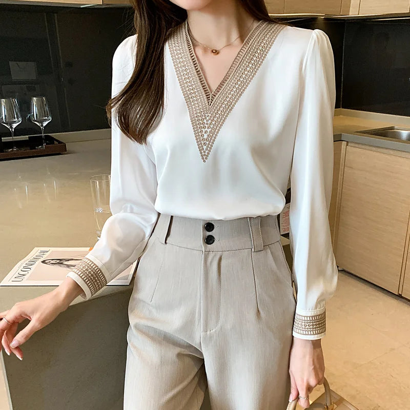 Women Elegant Chiffon Shirts New Fashion White V Neck Casual Loose Long Sleeve Blouses Top