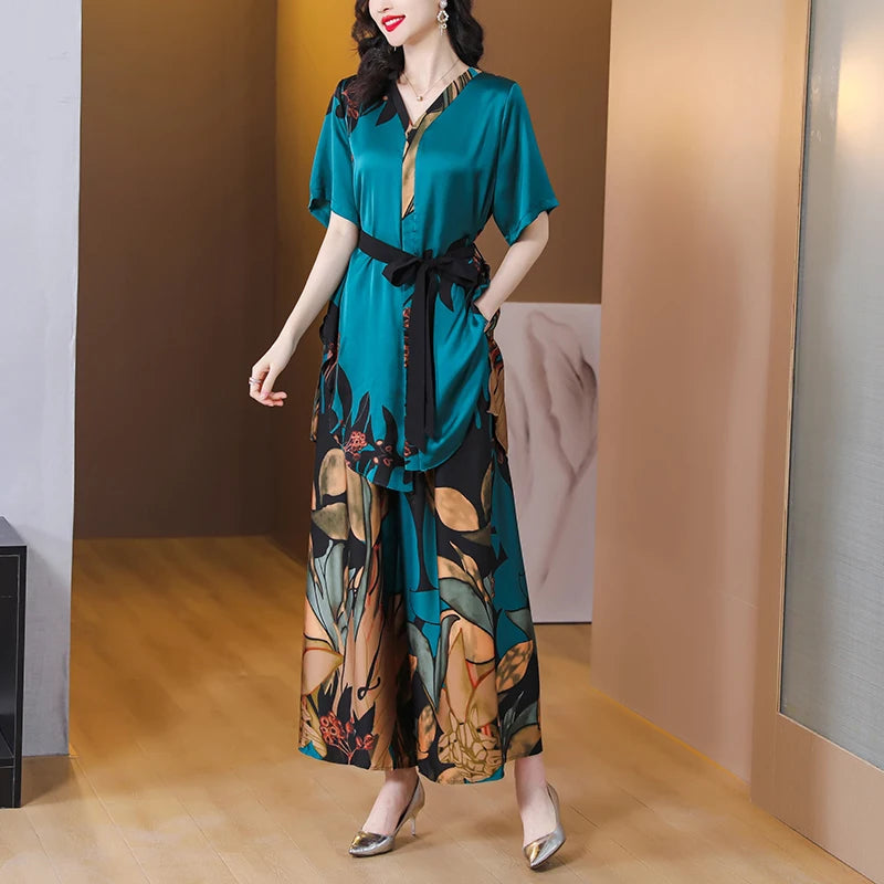 Summer New Silk Short Sleeve Set Satin Flower Print Medium Length Shirt Wide Leg Pants Women's Pants Two Piece Set