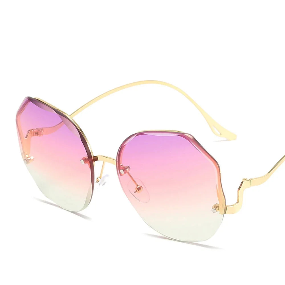 Irregular Round Sunglasses Women Brand Designer Gradient Fashion Sun Glasses Female Rimless Metal Curved Temples Oculos De Sol