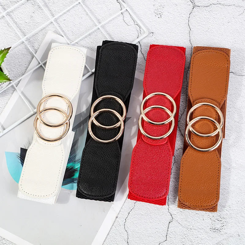 New Elastic Wide Women Belt Golden Shuang Huan Kou Girdle for The Ladies Shirt Sweater Dress Decoration Strap
