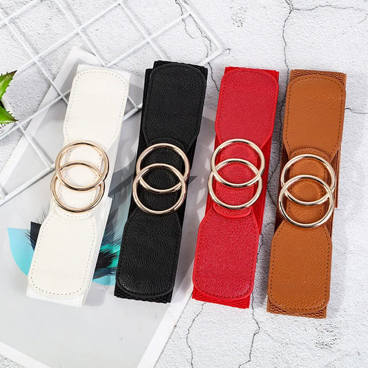 New Elastic Wide Women Belt Golden Shuang Huan Kou Girdle for The Ladies Shirt Sweater Dress Decoration Strap
