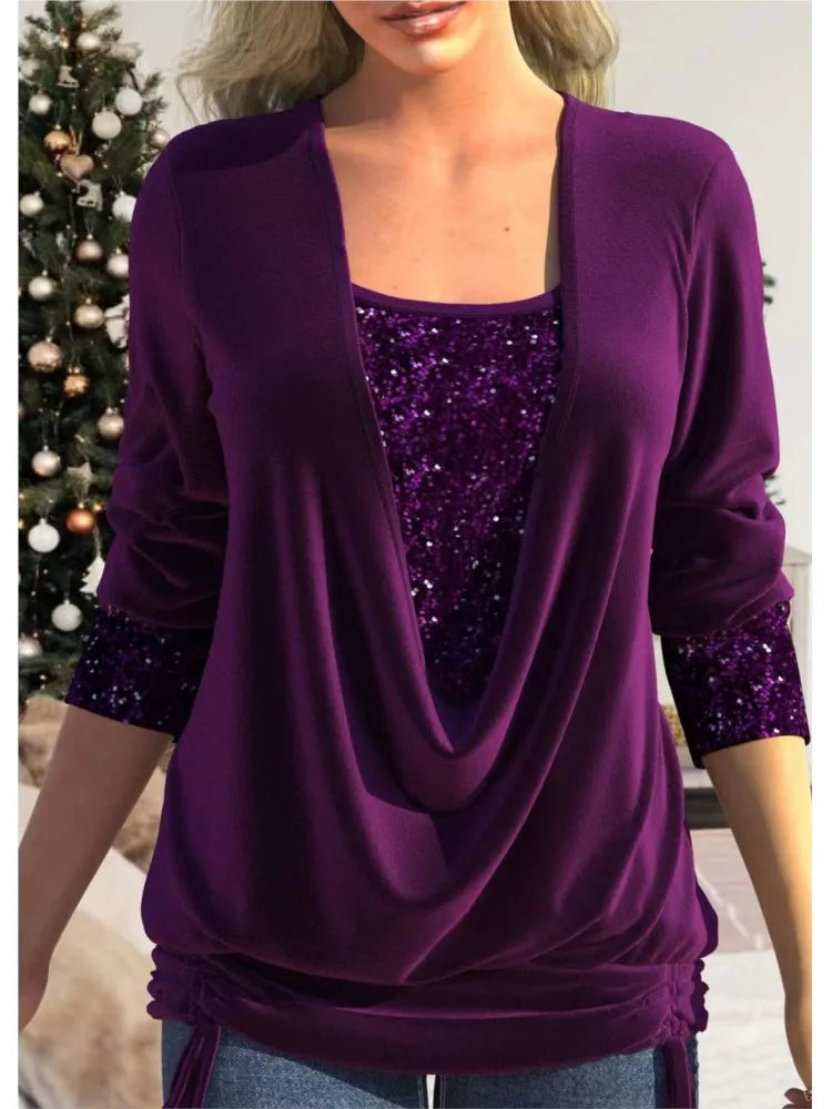 Women's Sequins Fake Two Pieces Blouse Spring Autumn Solid Long Sleeve Casual Pleated Loose Elegant Blouses Tops