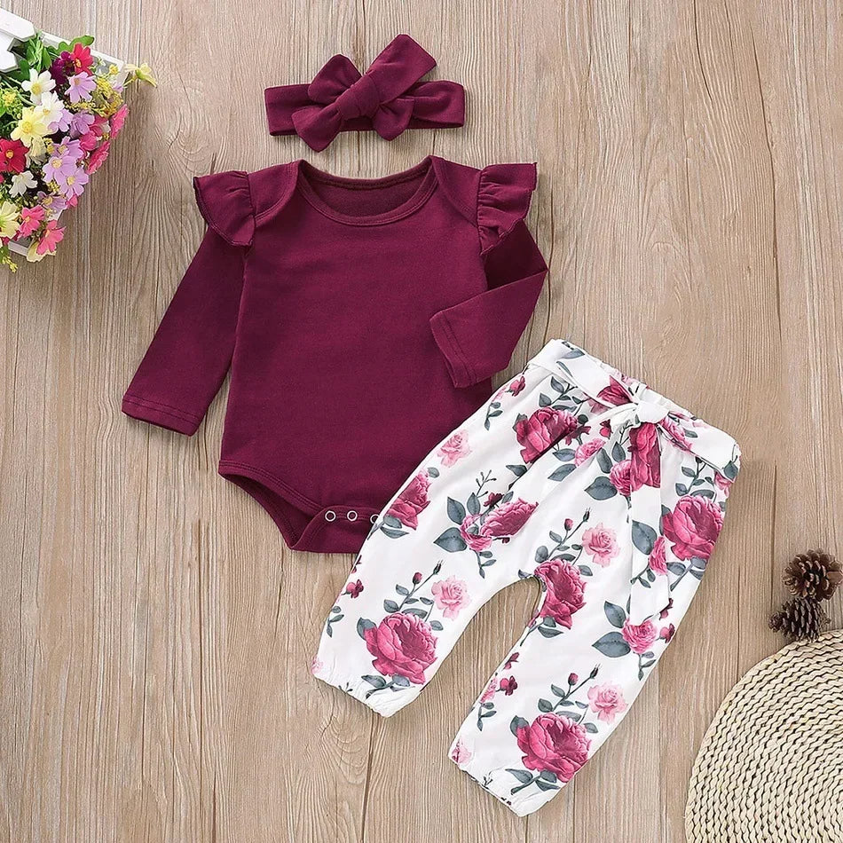 Newborn Girl Clothes Set New Born Baby Clothes Toddler Girl Outfits Baby Bodysuit Bow Pants Headband Infant 0-24M Baby Clothes