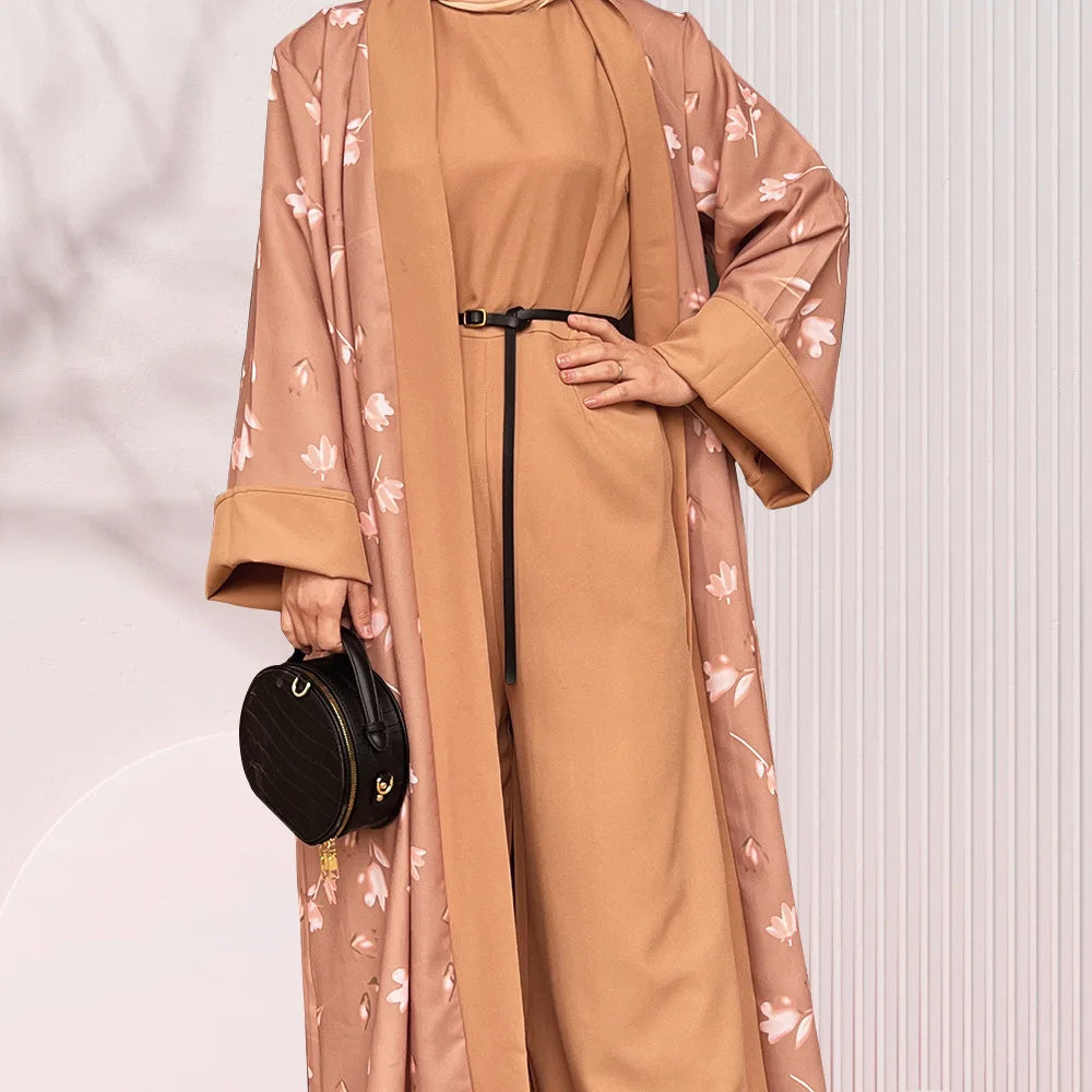 Eid Ramadan Open Abaya Dubai Turkey Kaftan Women Muslim Floral Print Maxi Dress Kimono Cardigan Islamic Clothing Robe Jalabiya