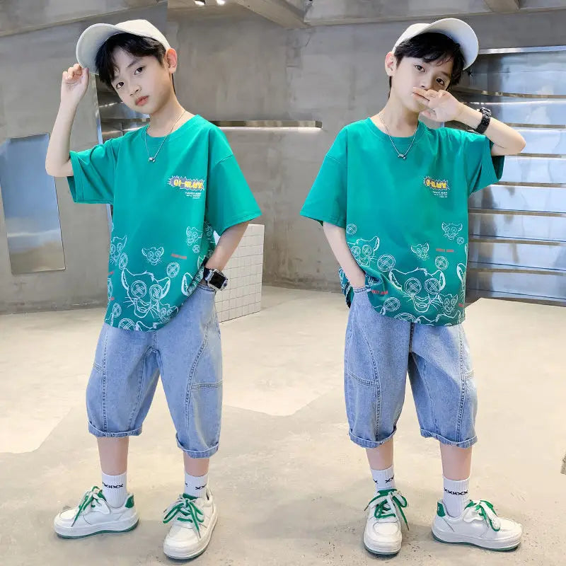 Korean Summer Children Clothes Sets Green Sports Clothes For Baby Boy Clothing Sets T-shirts+Shorts 2 Piece Kids