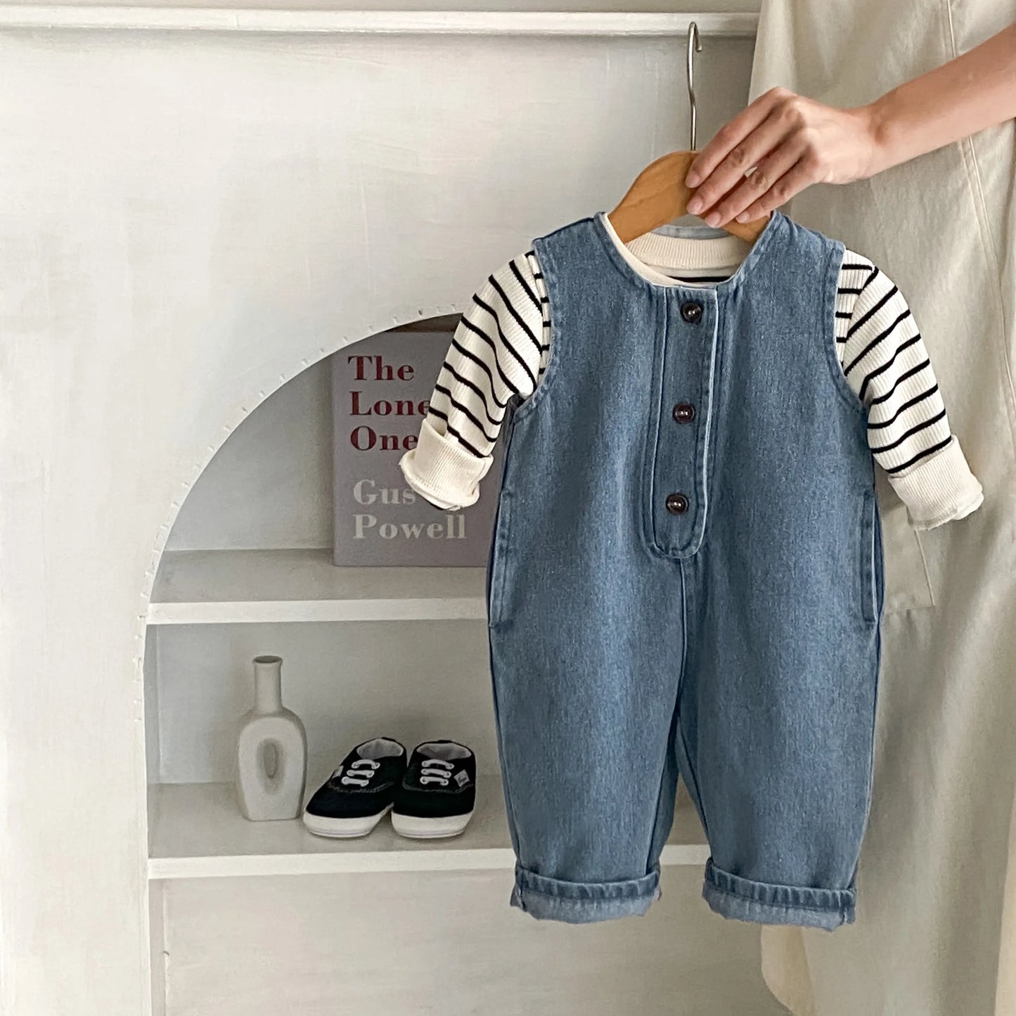 Spring New Baby Denim Romper Set Infant Boy Girl Sleeveless Jumpsuit + Striped Tops 2pcs Suit Toddler Overalls Outfits