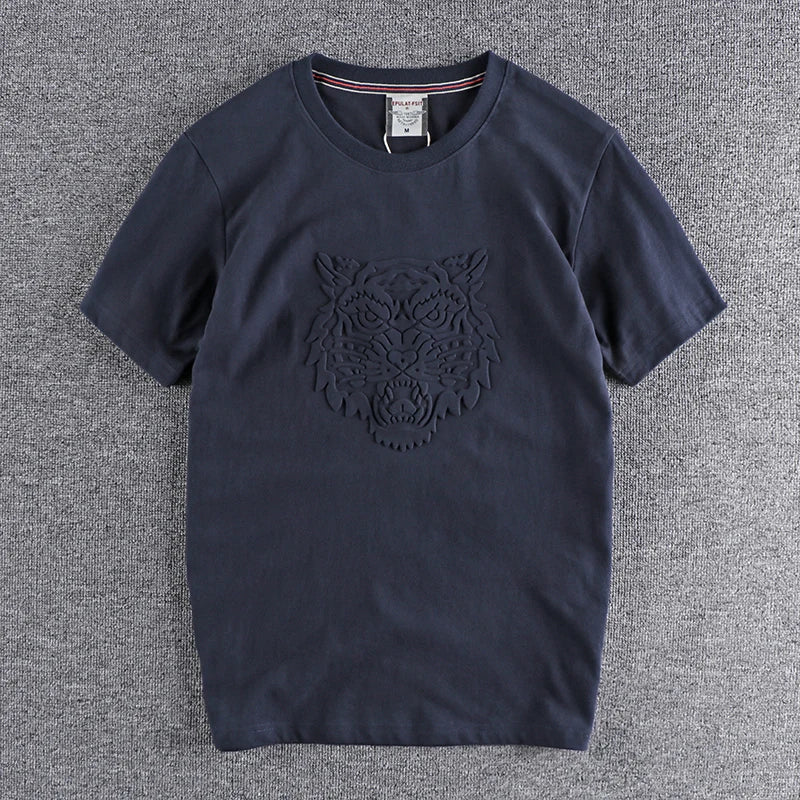 Summer New American Retro Embossed Tiger Pattern T-shirt Men's Fashion 100% Cotton Washed Old Short Sleeve O-neck Casual Tops