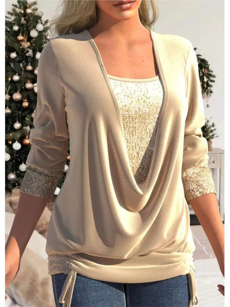 Women's Sequins Fake Two Pieces Blouse Spring Autumn Solid Long Sleeve Casual Pleated Loose Elegant Blouses Tops