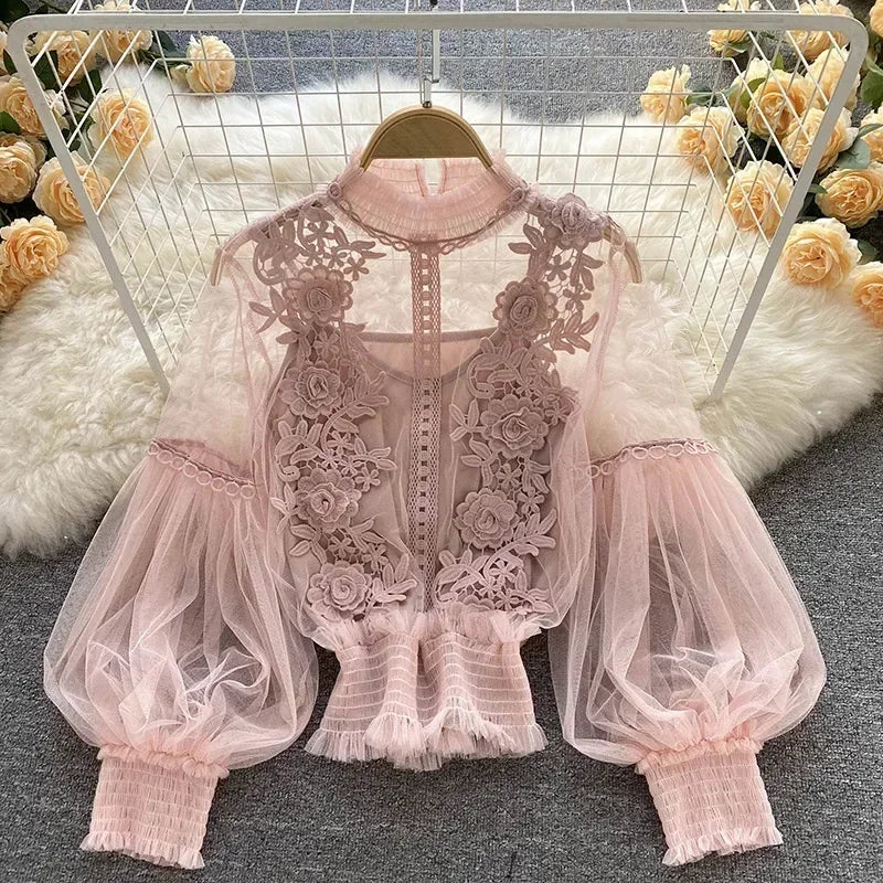 Women Tops Fashion Sexy Sheer Lace Blouse Lantern Sleeve 3D Floral Blouses Shirts Elegant  Tops For Women