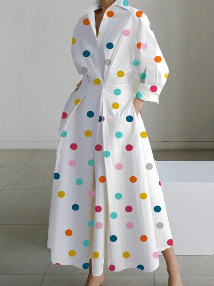 Autumn Turn-down Shirts Midi Dress Long Sleeves , Elegant Pockets Commute
