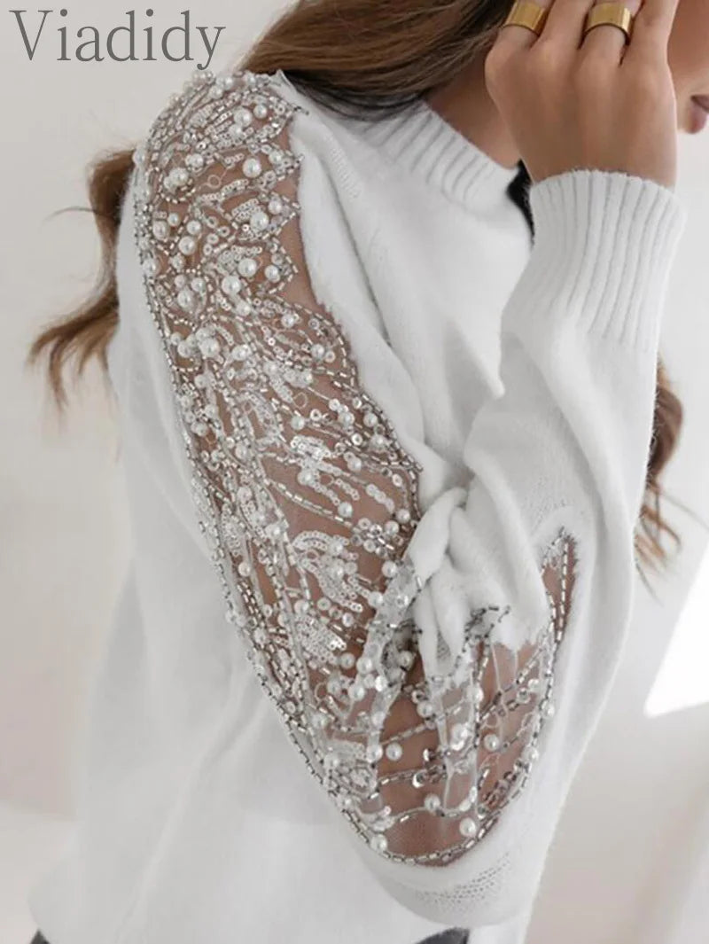 Women Casual Solid Color Contrast Sequin Beaded Sheer Mesh Patchwork Pullover Knit Sweater