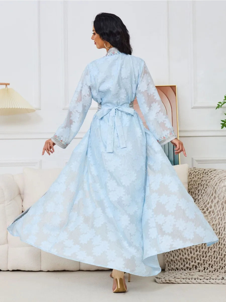 Eid Arab Muslim Party Dress Women Abaya with Inner Dress 2 Piece Set Jalabiya Kaftan Vestidos Ramadan Gown Robe