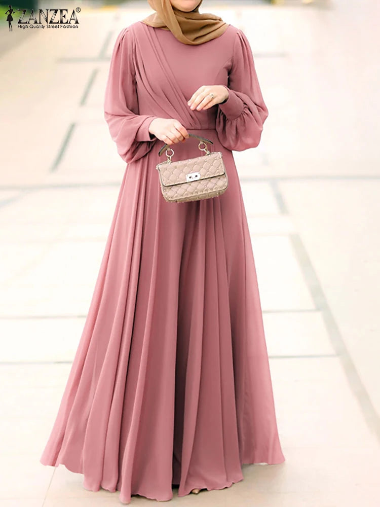 Fashion Solid Muslim Dress Women Spring Sundress ZANZEA Casual Abaya Marocain Turkish Robe Femme Lantern Sleeve Maxi