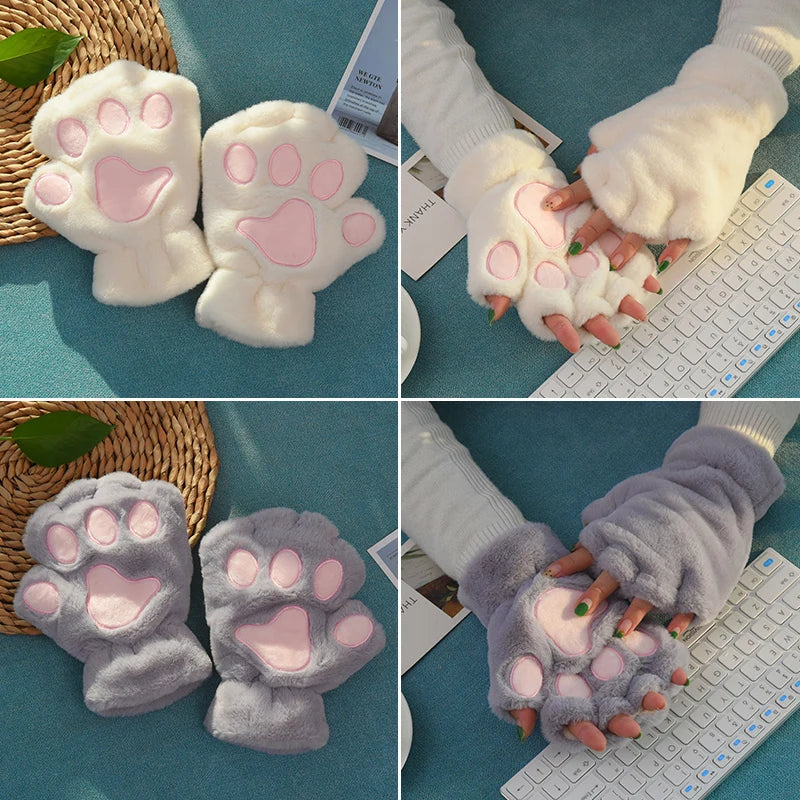 Women Cute Cartoon Cat Paw Gloves Girls Winter Thermal Fingerless Gloves Warm Soft Short Plush Half Finger Gloves