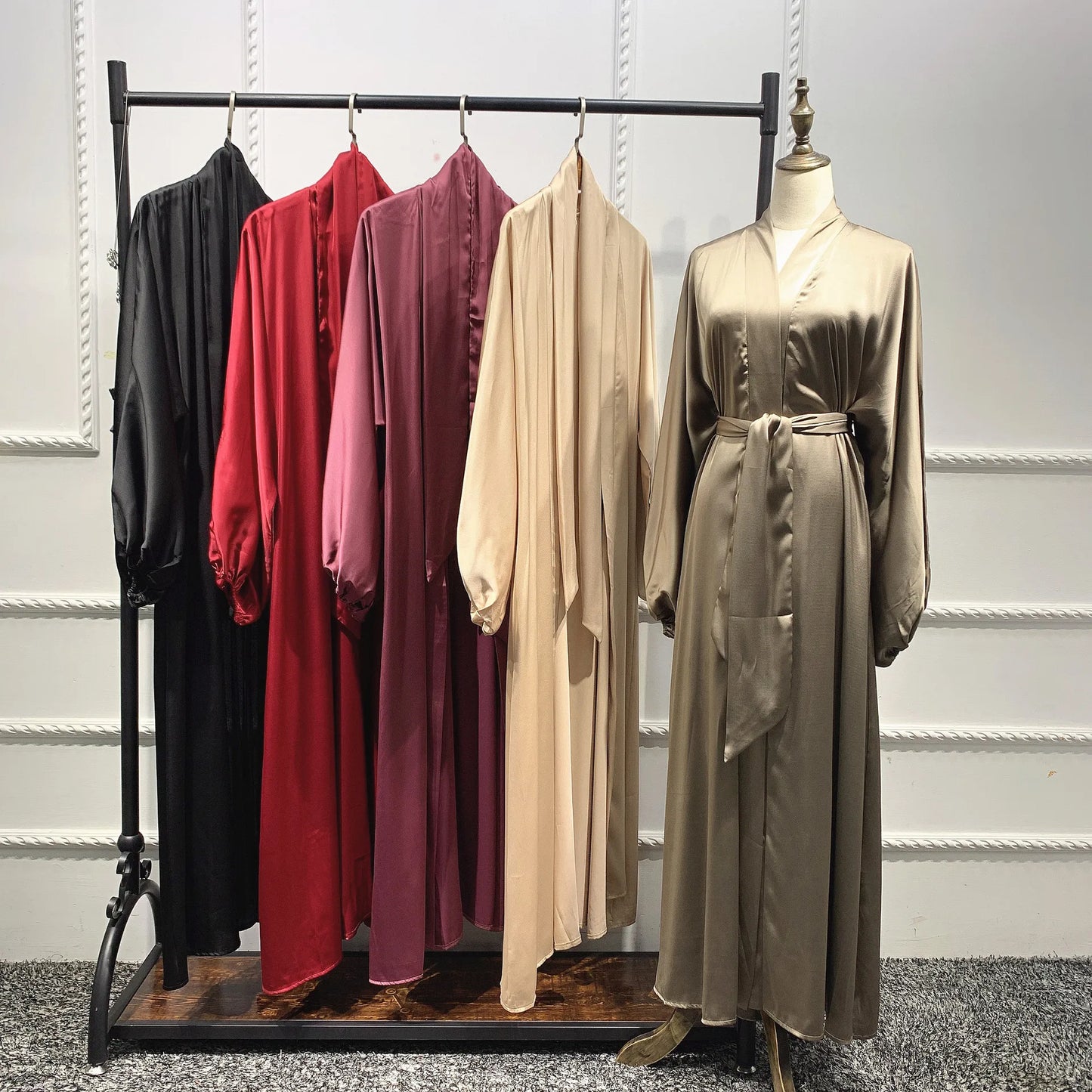 Elastic Cuff Muslim Dress for Women High Quality Polyester Open Abaya With Belt