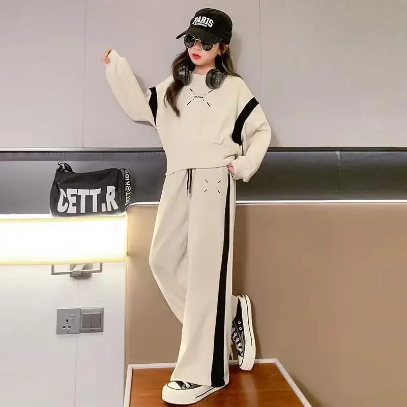 Autumn Fashion Kids Clothes Girls Suit Kids Long Sleeve Patchwork Pattern Sweatshirts Wide Leg Pants 2 Piece Set 5 to 16 Years