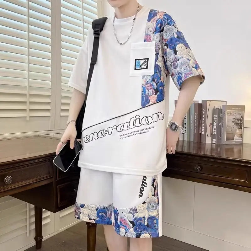 Summer Men's Suit Japan High Street Harajuku Top Shorts Two Piece Set Cool Bear Tee Short Pants Men's Clothing Sports Suit