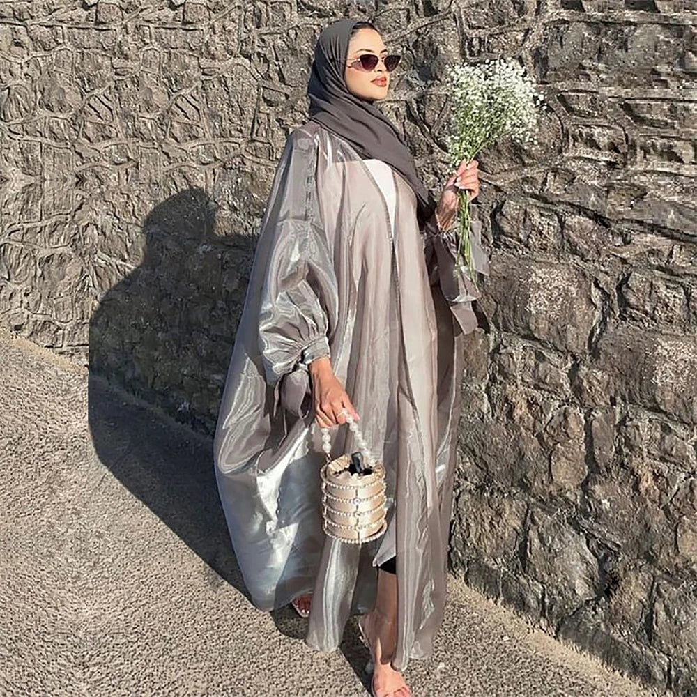 Open Abaya Elegant Women Shiny Muslim Cardigan Maxi Dress Turkey Kimono Arab Eid Party Puff Sleeve Summer Kaftan Islam Jalabiya