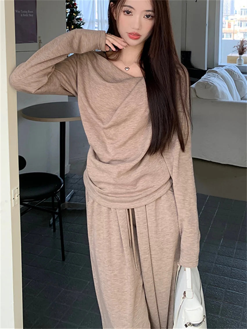 Off Shoulders Sweaters Women Chic Loose Wide Leg Pants Suits Elegant