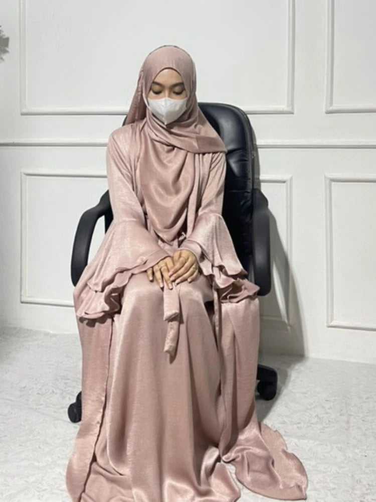 Open Abaya 2 Piece Set Modest Flare Sleeve Satin Islamic Under Dress for Women with Abayas Matching Muslim Suit Islam Sets