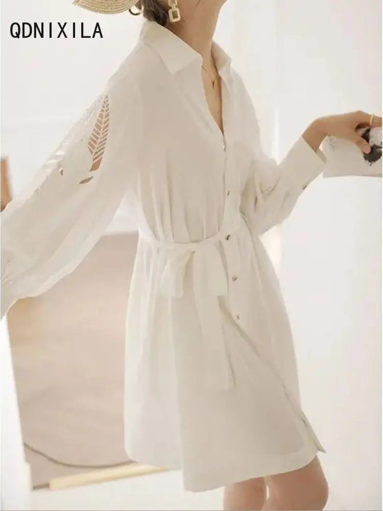 Women's Dress Hollow Out Design White Dresses Long Sleeve Shirt Summer Dress One Piece Dress Elegant and Pretty Women's Dresses